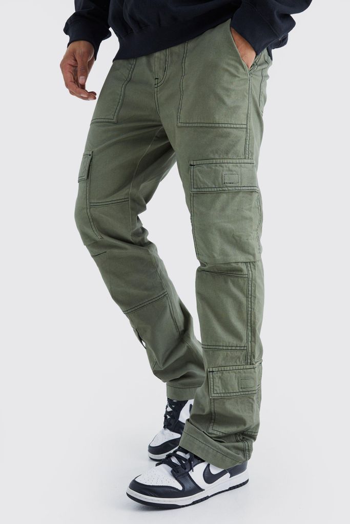 Men's Slim Flare Multi Cargo Contrast Stitch Trouser - Green - 28, Green