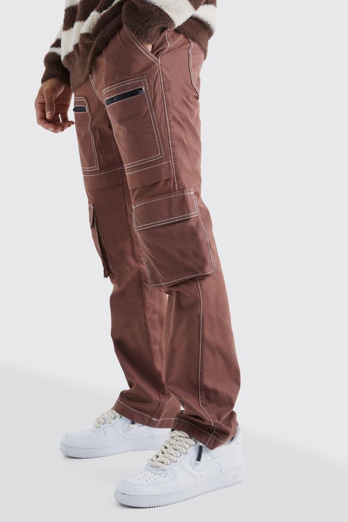 Men's Slim Multi Zip Cargo Pocket Contrast Stitch Trouser - Brown - 28, Brown