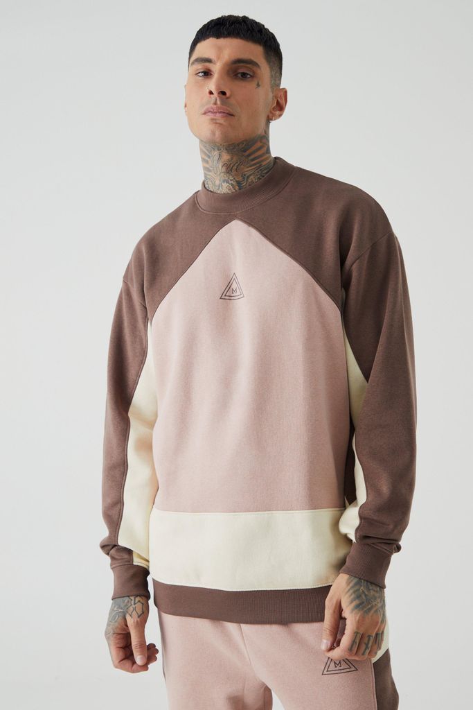 Men's Tall Oversized Colour Block Sweatshirt Tracksuit - Brown - S, Brown