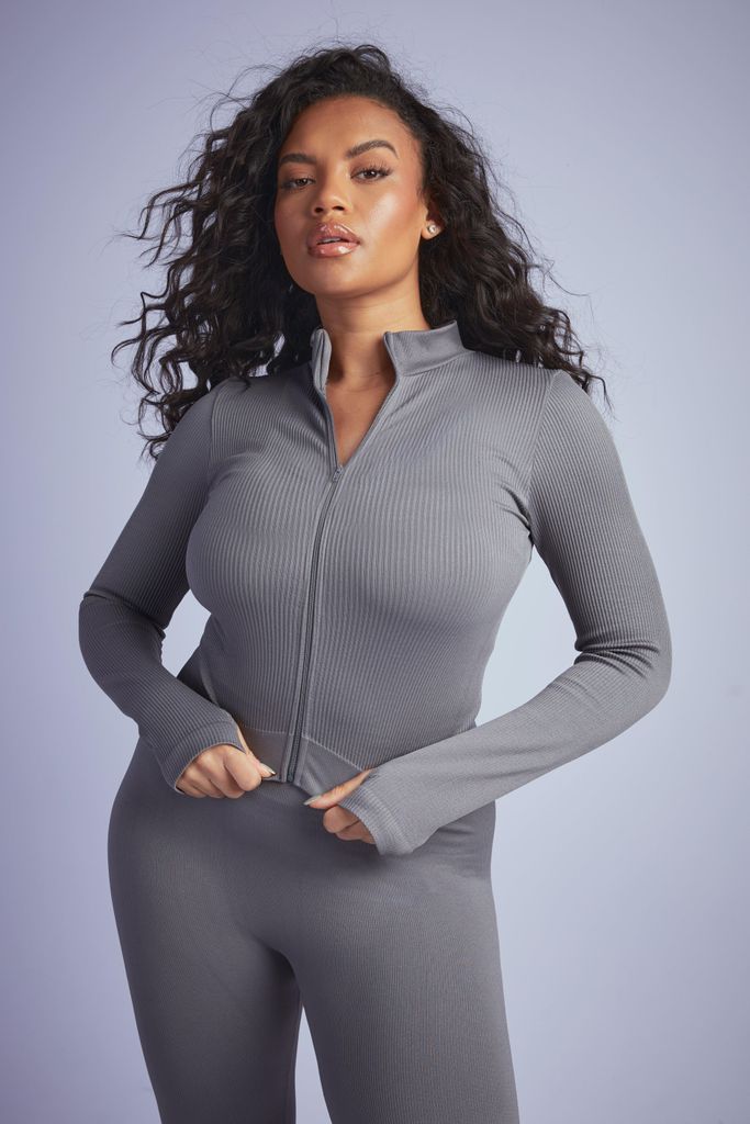 Womens Plus Seamless Rib Zip Through Jacket - Grey - 24, Grey
