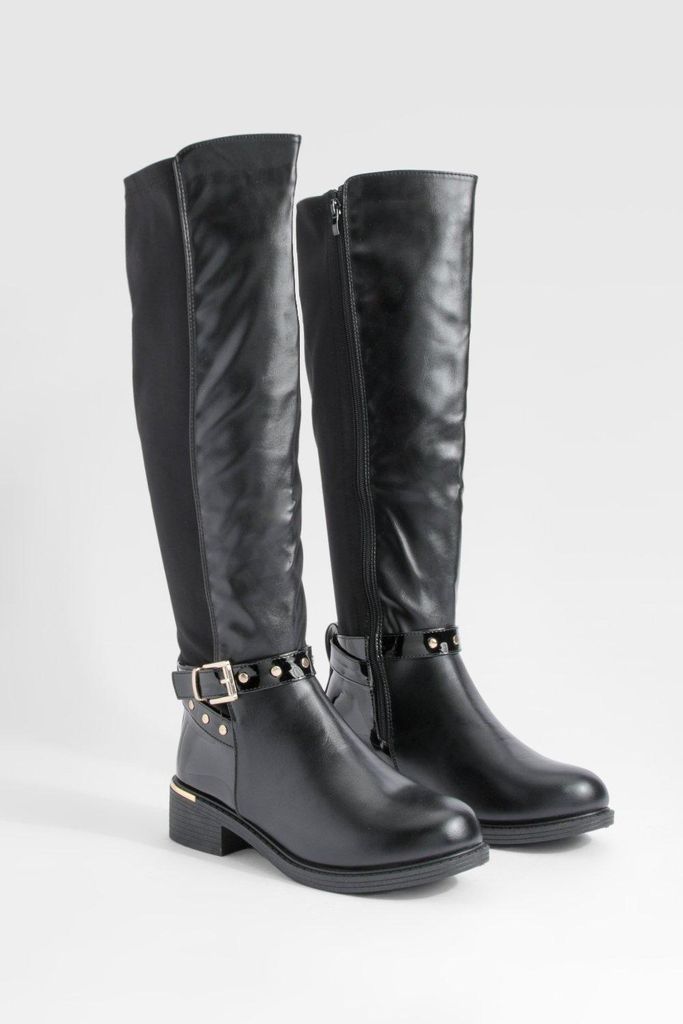 Womens Wide Fit Buckle Detail Panel Knee High Boots - Black - 4, Black