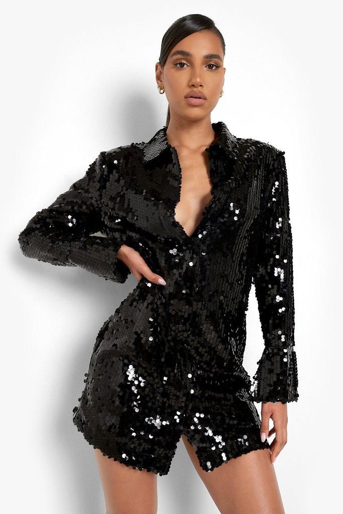 Womens Sequin Split Cuff Power Shoulder Shirt Party Dress - Black - 8, Black