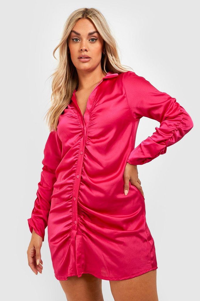 Womens Plus Satin Ruched Mini Dress - Pink - 26, Pink