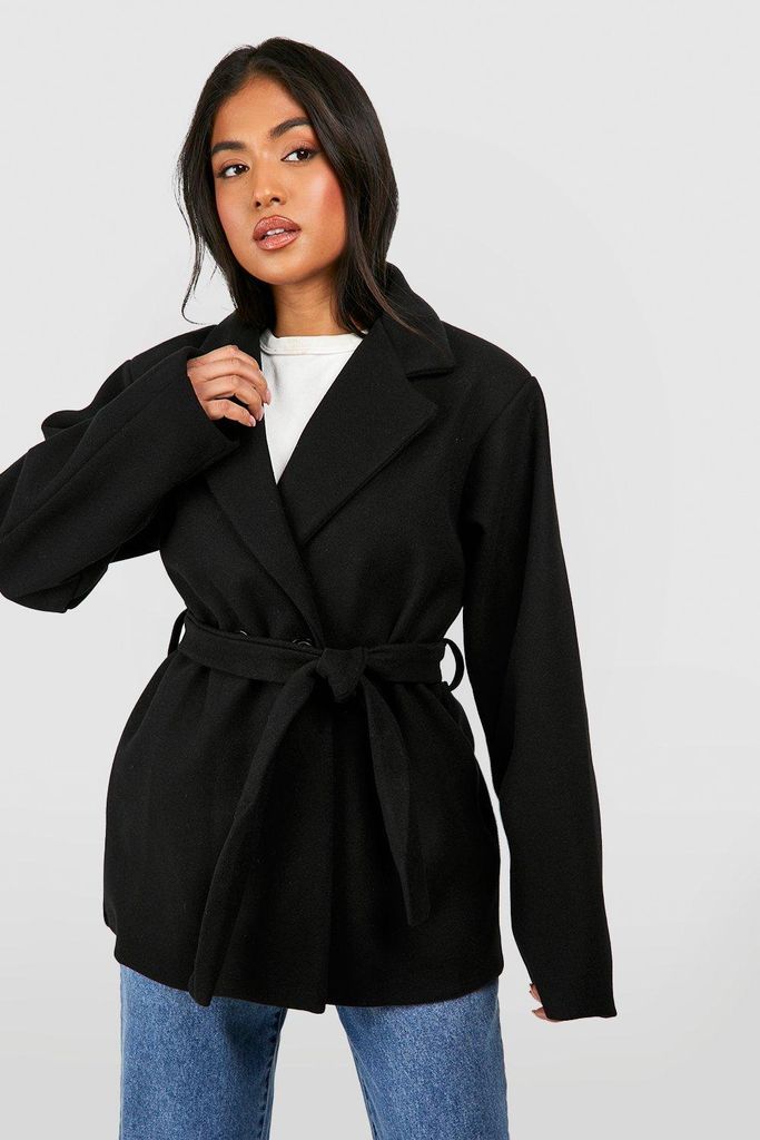 Womens Petite Wool Look Belted Coat - Black - 16, Black