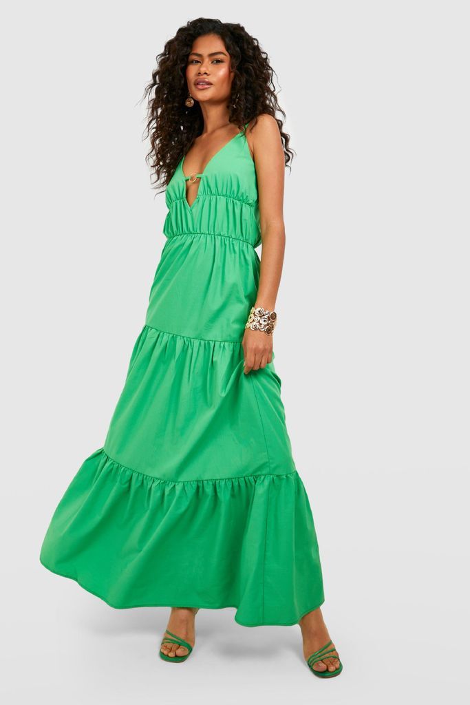 Womens O Ring Cotton Poplin Tiered Maxi Dress - Green - 10, Green