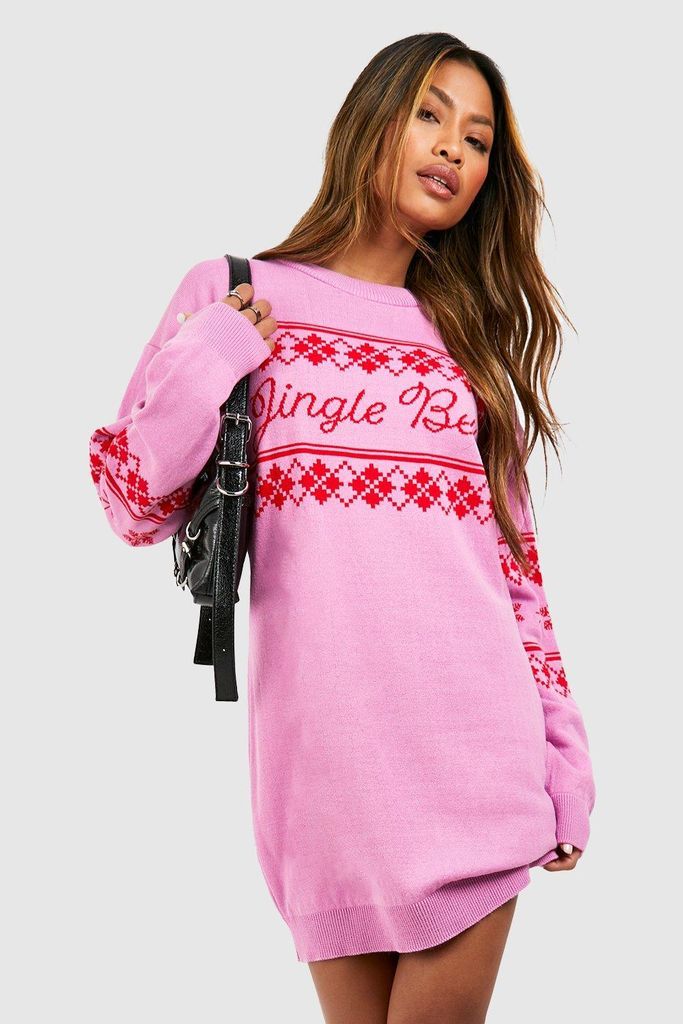 Womens Jingle Bells Slogan Christmas Jumper Dress - Pink - S, Pink