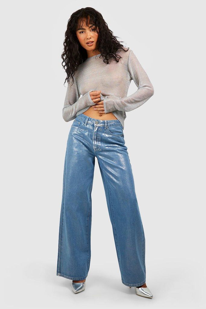 Womens Metallic Coated High Rise Straight Leg Jeans - Grey - 10, Grey