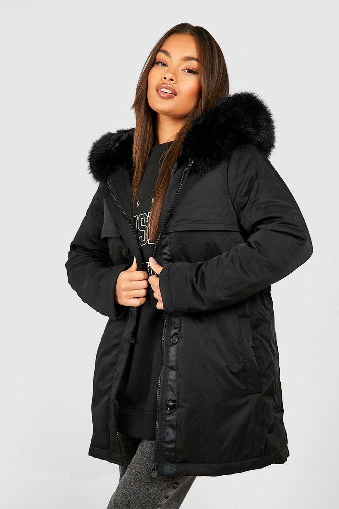 Womens Faux Fur Trim Parka - Black - S, Black