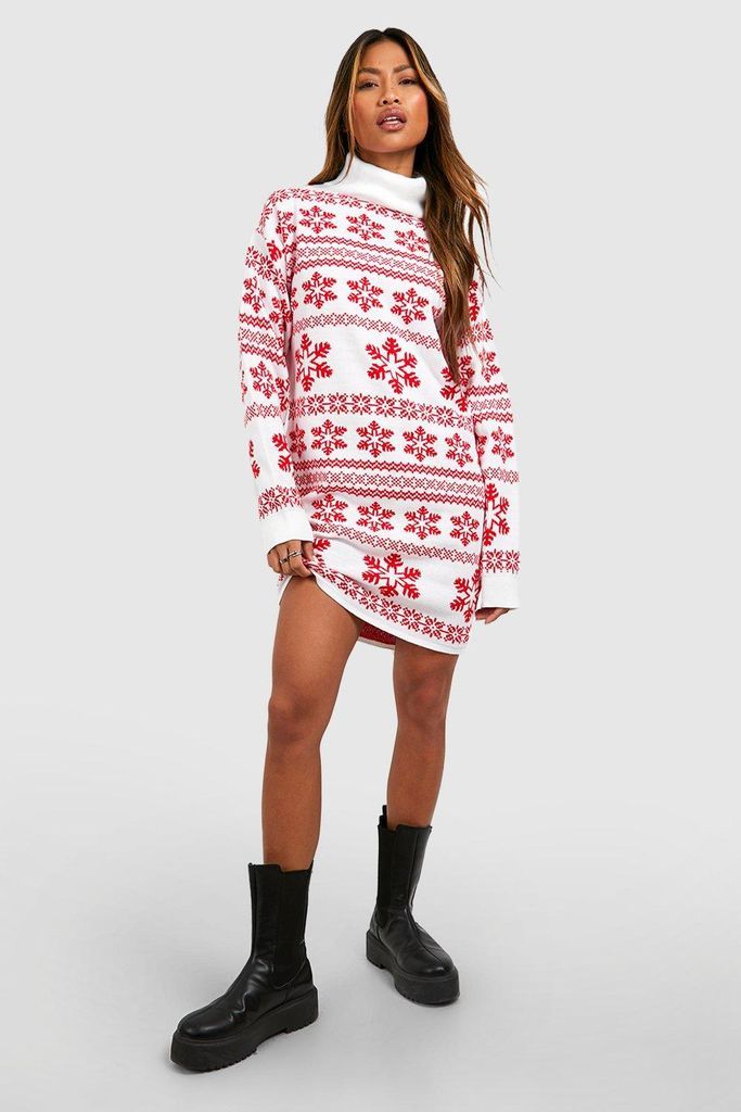 Womens Roll Neck Snowflake And Fairisle Christmas Jumper Dress - Red - S, Red