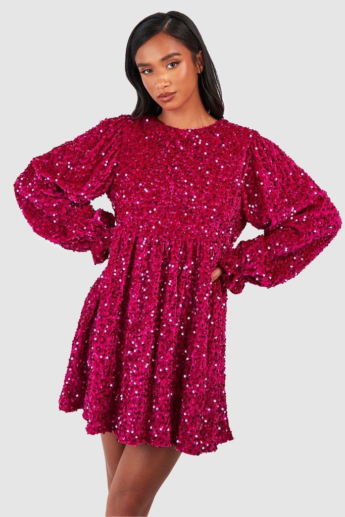 Womens Petite Velvet Sequin Swing Smock Dress - Pink - 6, Pink