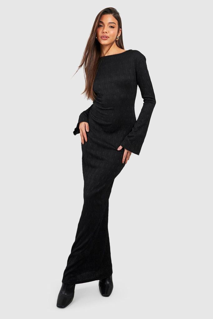 Womens Textured Flare Sleeve Column Maxi Dress - Black - 14, Black