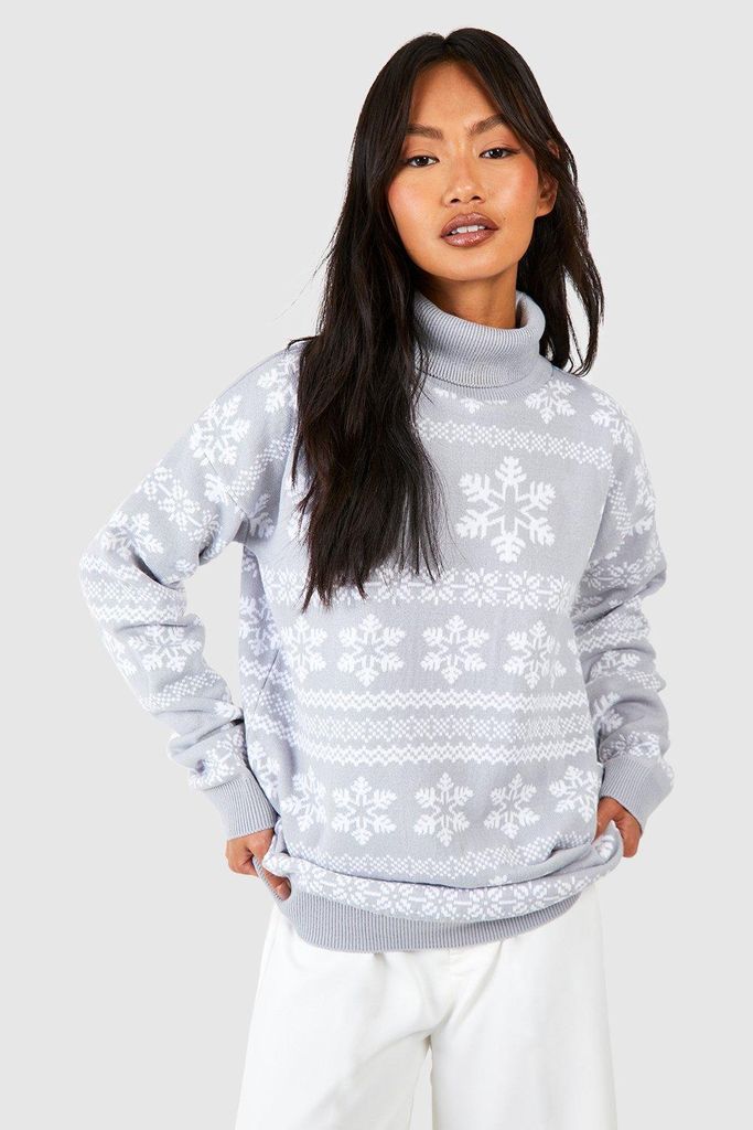 Womens Roll Neck Snowflake Fairisle Christmas Jumper - Grey - S, Grey