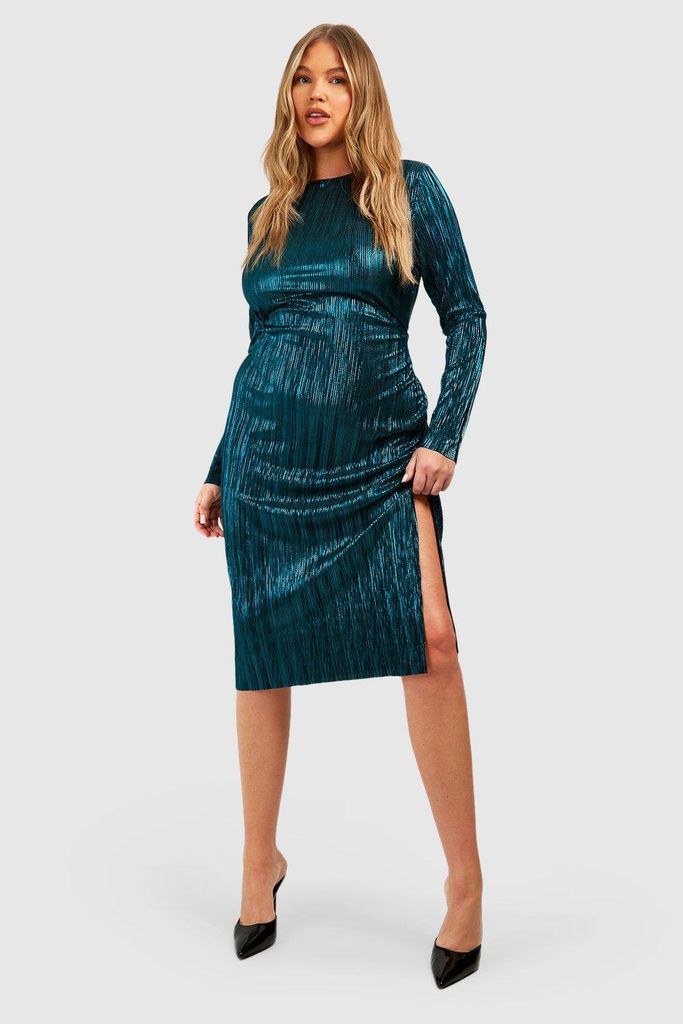 Womens Plus Metallic Plisse Long Sleeve Column Midi Dress - Green - 28, Green