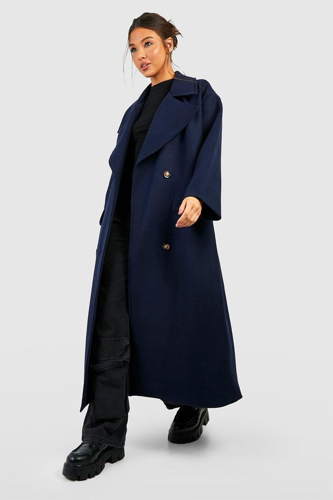 Womens Super Oversized Maxi Double Breasted Wool Look Coat - Navy - 10, Navy