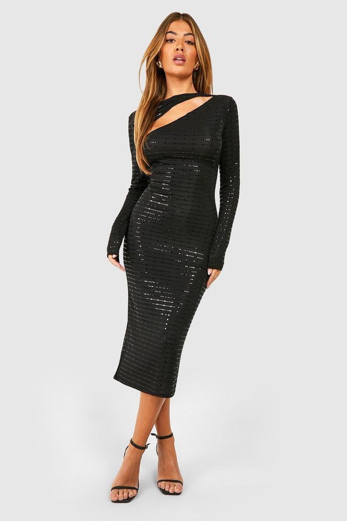Womens Cut Out Assymetric Sequin Long Sleeve Midi Dress - Black - 18, Black