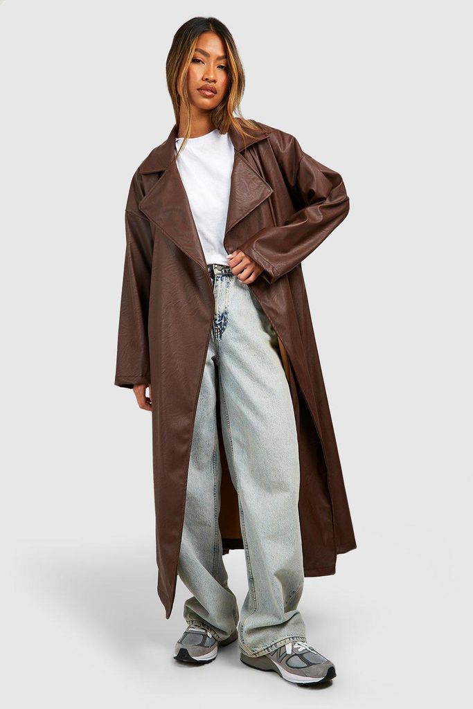 Womens Maxi Faux Leather Trench Coat - Brown - 12, Brown