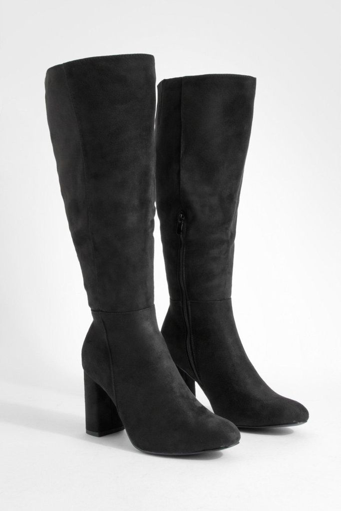 Womens Wide Fit Block Heel Knee High Pull On Boots - Black - 4, Black