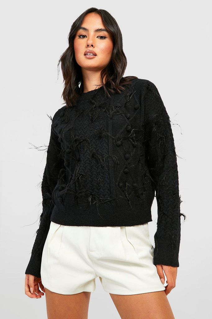 Womens All Over Feather Trim Crop Jumper - Black - S, Black