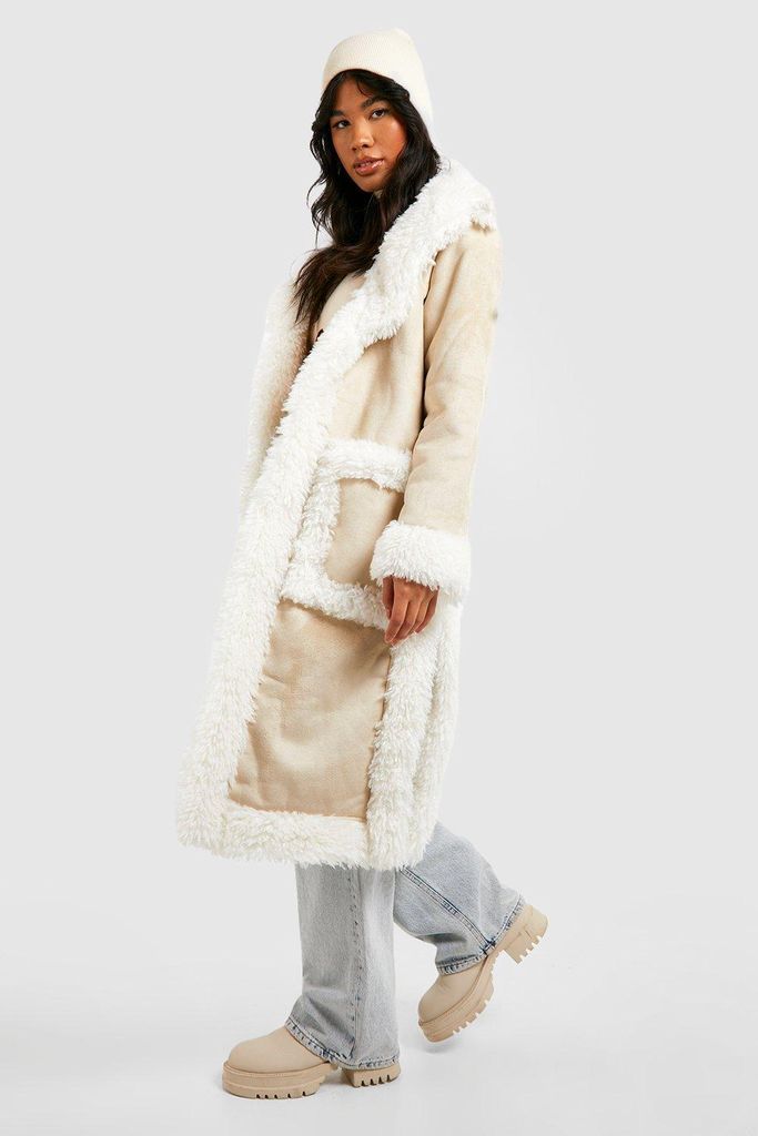Womens Faux Fur Trim Suedette Coat - White - 16, White