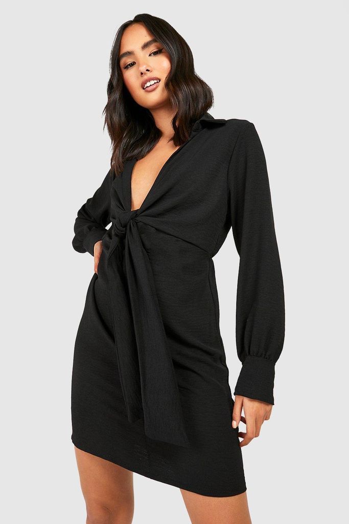Womens Woven Drape Front Shirt Dress - Black - 8, Black