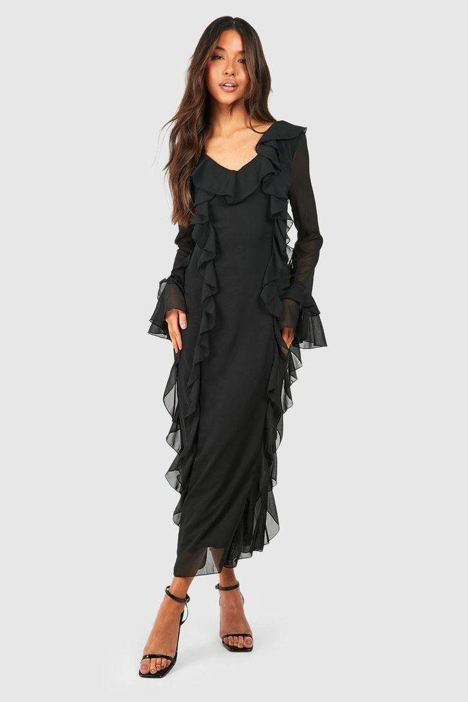 Womens Ruffle Detail Midaxi Dress - Black - 16, Black