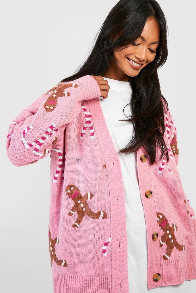 Womens Gingerbread And Candy Cane Christmas Cardigan - Pink - S, Pink