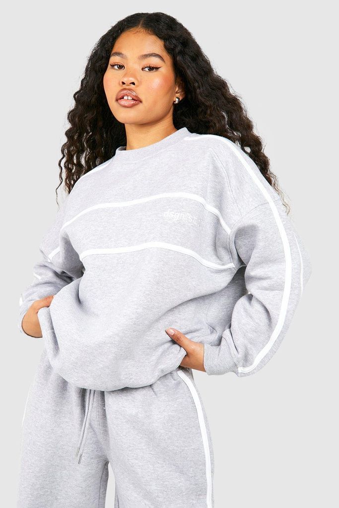 Womens Petite Stripe Detail Embroidered Oversized Sweatshirt - Grey - L, Grey