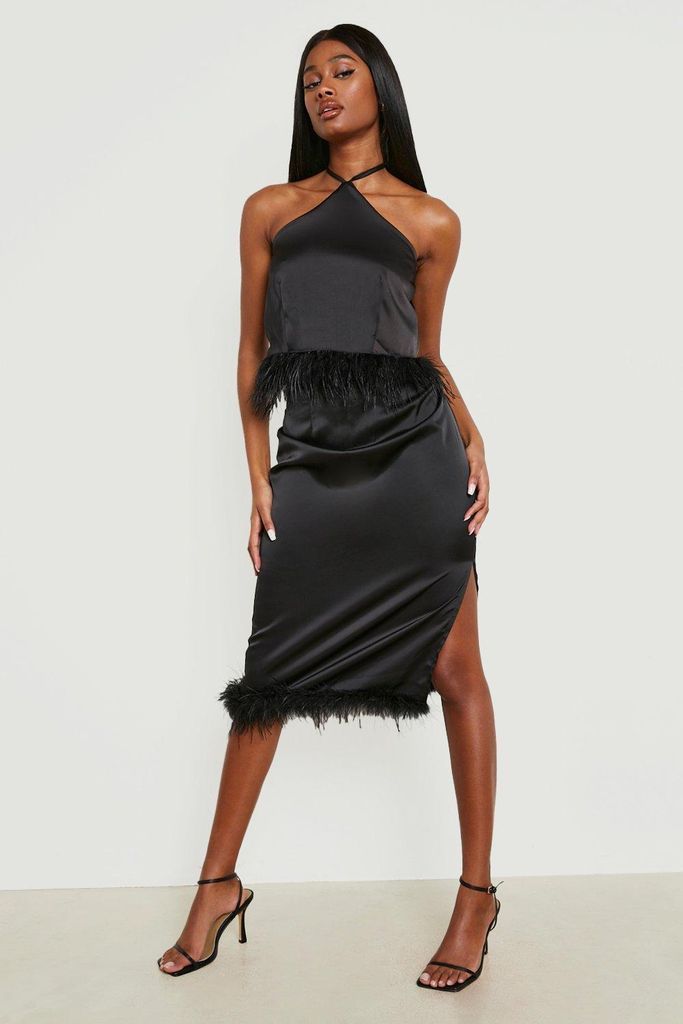 Womens Split Side Feather Trim Midi Skirt - Black - 6, Black