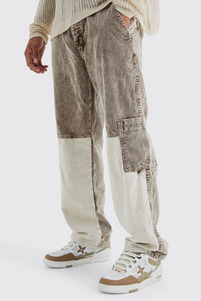 Men's Relaxed Colour Block Acid Wash Cord Cargo Trouser - Brown - 28R, Brown