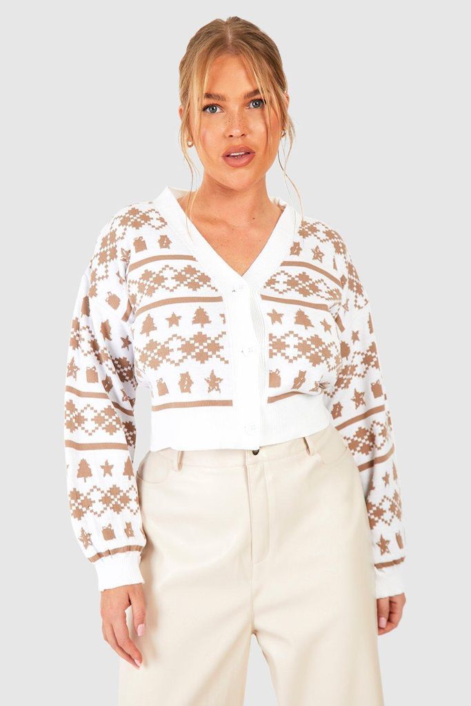 Womens Plus Wide Sleeve Fairisle Christmas Crop Cardigan - Beige - 20, Beige