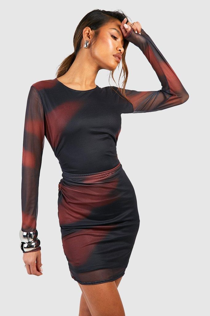 Womens Abstract Printed Mesh Long Sleeve Ruched Mini Dress - Black - 18, Black