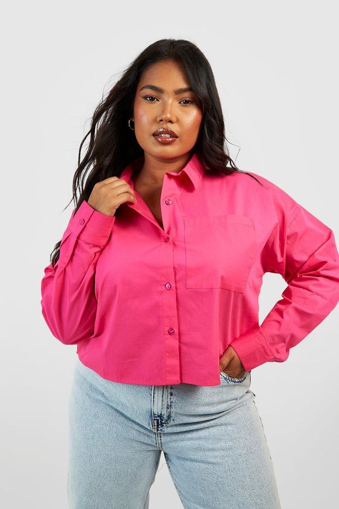 Womens Plus Cropped Boxy Cotton Shirt - Pink - 24, Pink