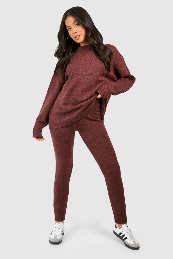 Womens Petite Soft Knit Crew Neck Jumper & Trouser Co-Ord - Brown - 10, Brown