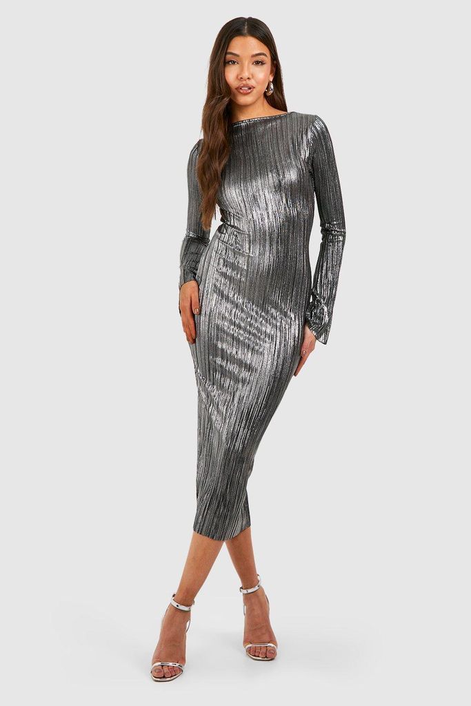 Womens Metallic Plisse Flare Sleeve Midi Dress - Grey - 14, Grey