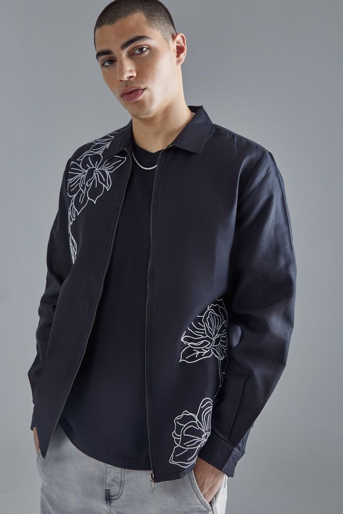 Men's Long Sleeve Poplin Tonal Embroidery Zip Shirt - Black - S, Black