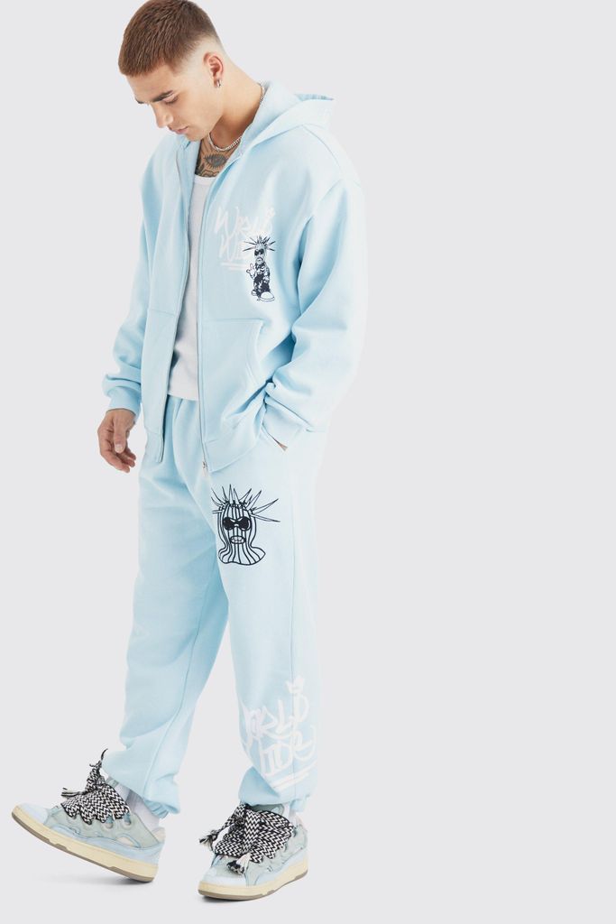 Men's Oversized Masked Character Zip Up Hoodie & Oversized Jogger - Blue - S, Blue