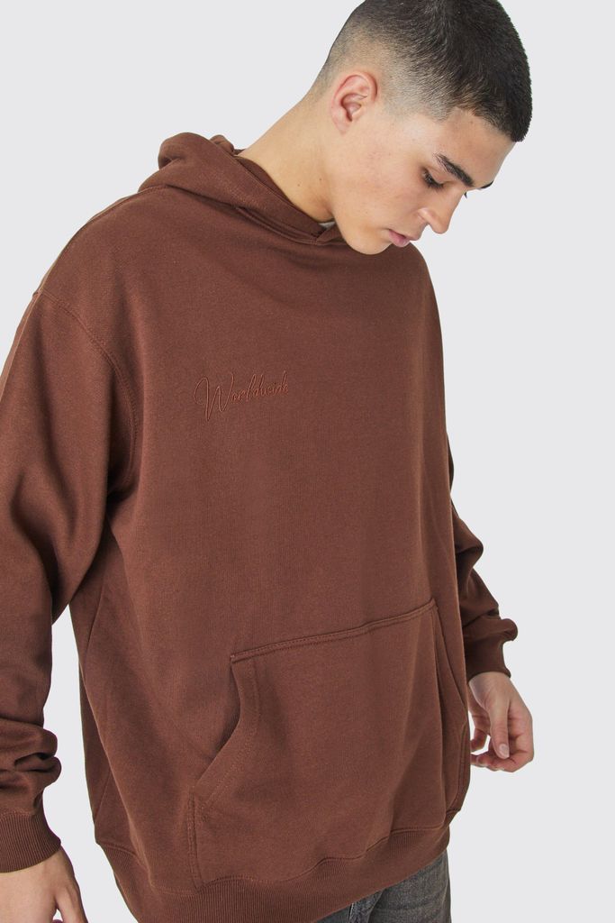 Men's Oversized Worldwide Embroidered Hoodie - Brown - S, Brown