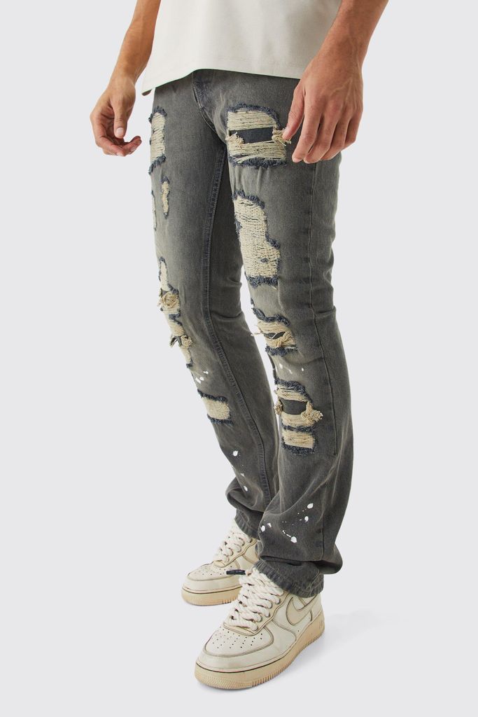 Men's Slim Rigid Flare Rip & Repair Bleached Jeans - Grey - 28R, Grey