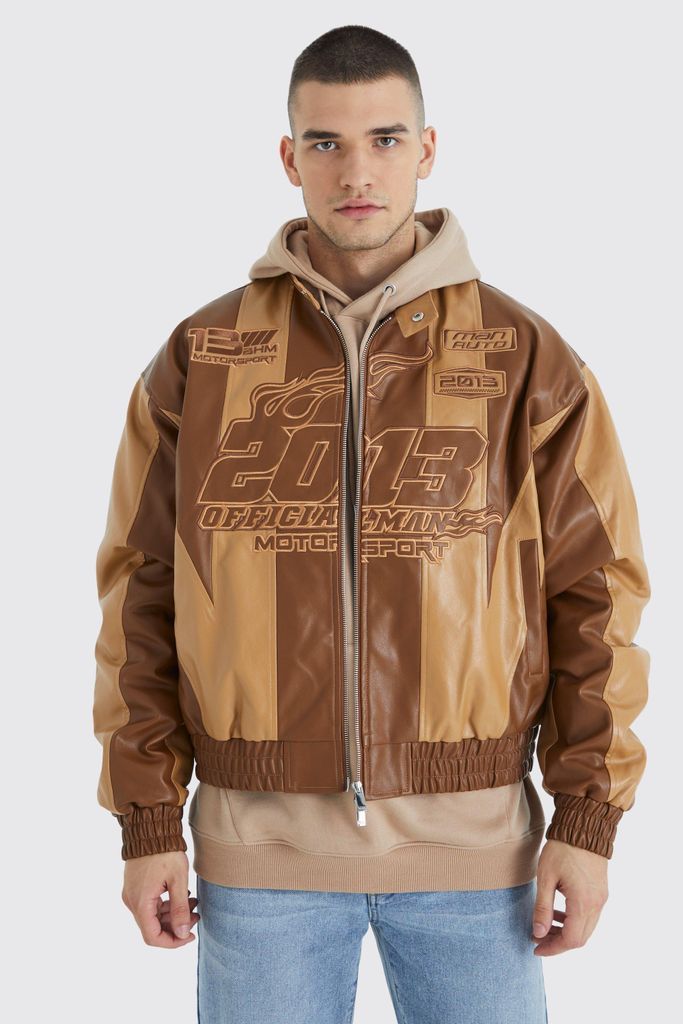 Men's Tall Boxy Pu Panelled Applique Moto Jacket - Brown - S, Brown