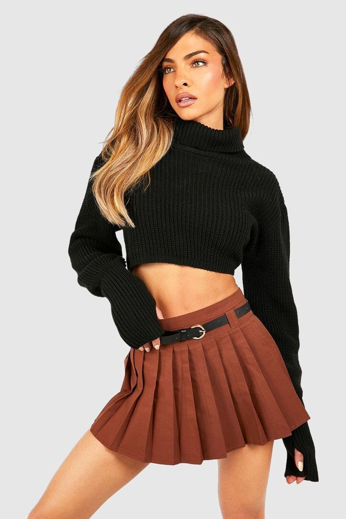 Womens Belted Pleated Mini Skirt - Brown - 6, Brown