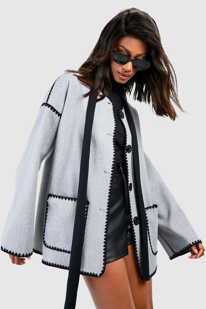 Womens Contrast Blanket Stitch Wool Look Jacket - Grey - 8, Grey