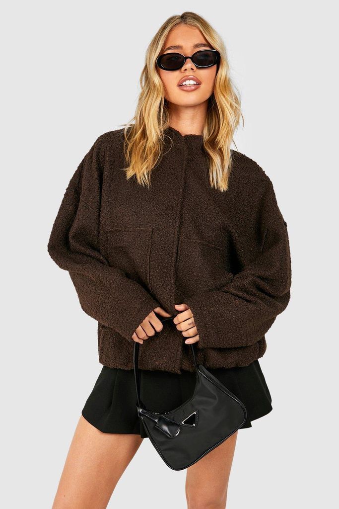 Womens Oversized Wool Look Bomber Jacket - Brown - 8, Brown