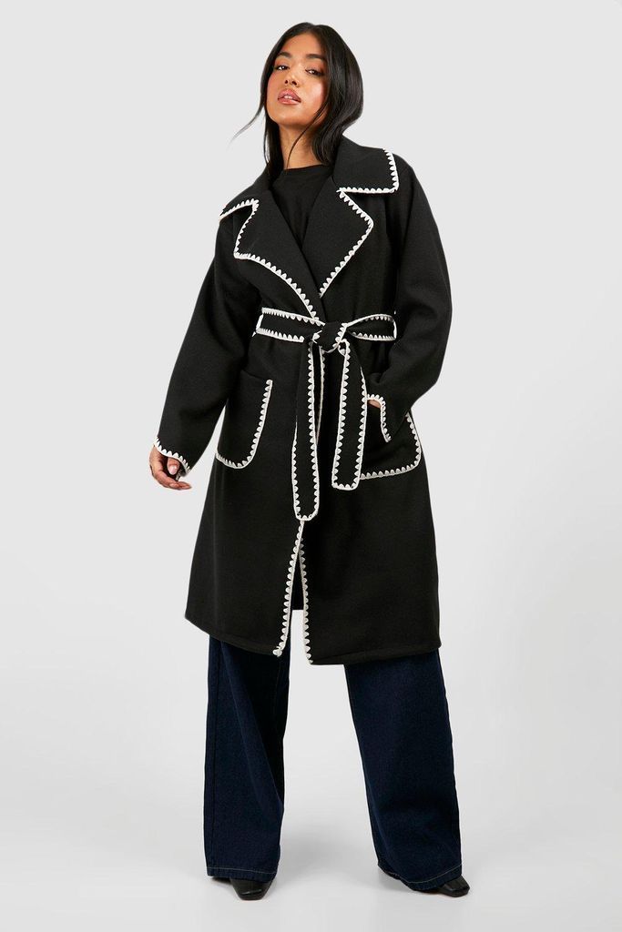 Womens Petite Contrast Stitch Belted Wool Look Coat - Black - 6, Black