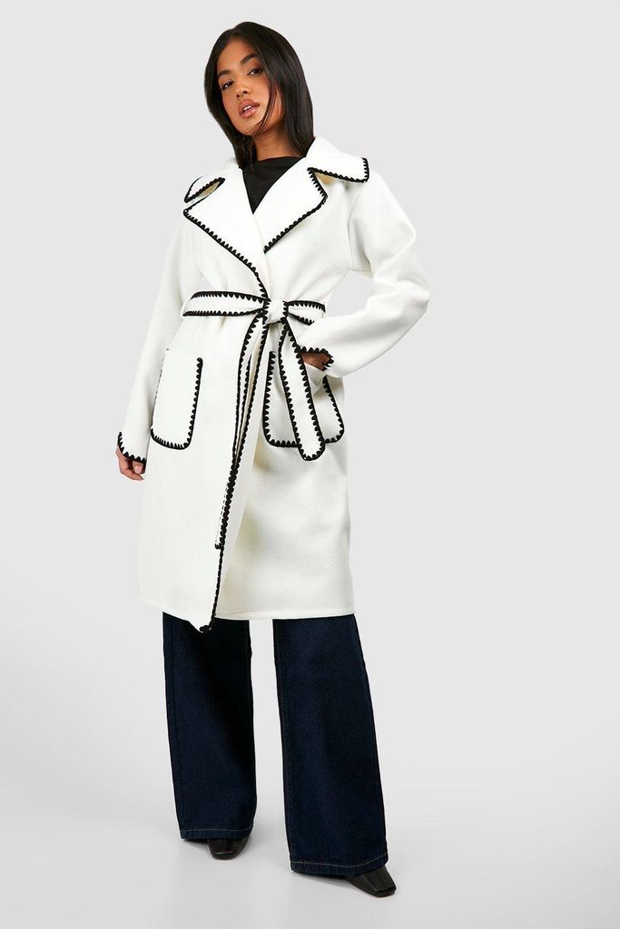 Womens Petite Contrast Stitch Belted Wool Look Coat - White - 6, White