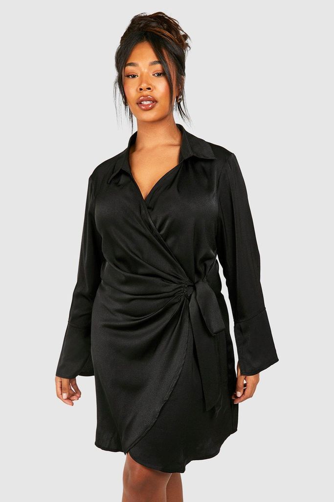 Womens Plus Satin Wrap Shirt Dress - Black - 16, Black