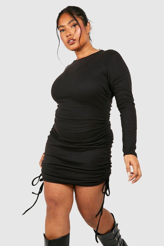 Womens Plus Wide Rib Ruched Mini Dress - Black - 16, Black