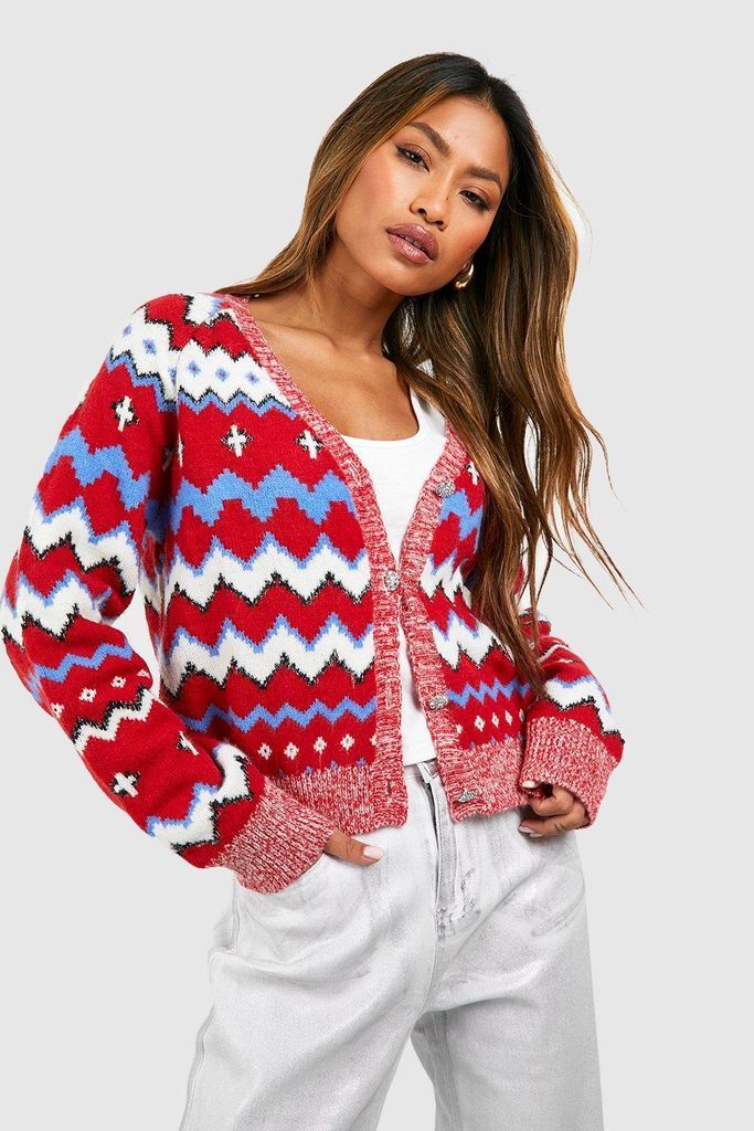 Womens Vintage Style Soft Knit Fairisle Cardigan - Red - S, Red