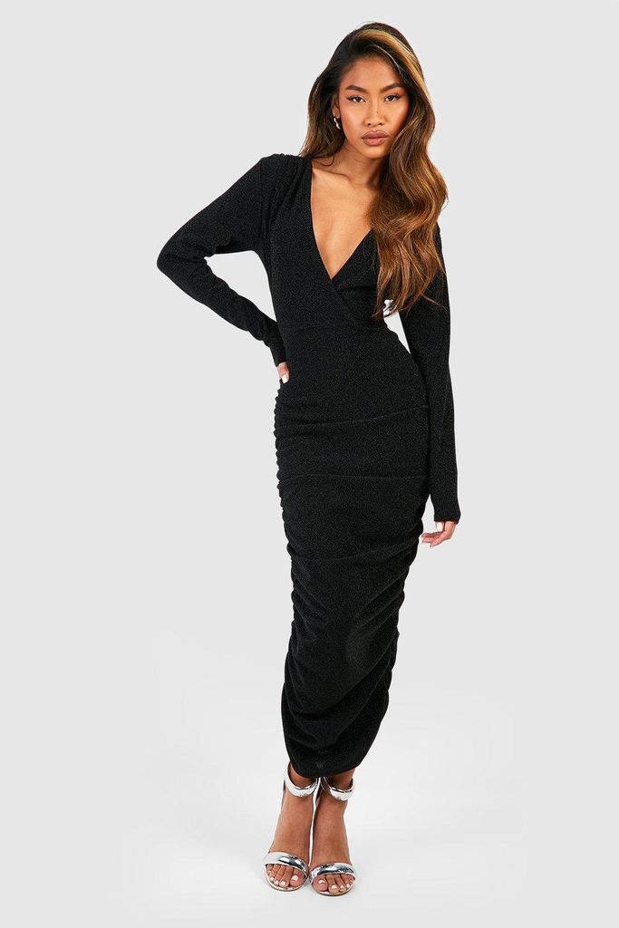 Womens Glitter Rouched Wrap Midaxi Dress - Black - 8, Black