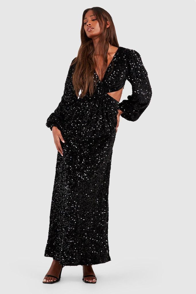 Womens Velvet Sequin Cut Out Maxi Dress - Black - 16, Black