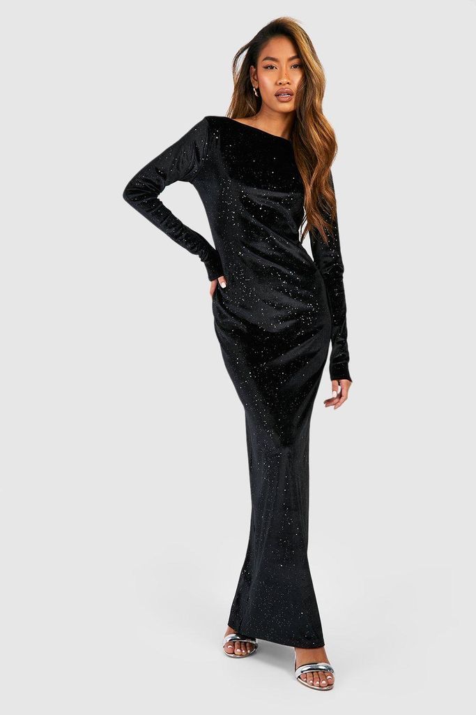 Womens Glitter Velvet Low Scoop Back Maxi Dress - Black - 16, Black